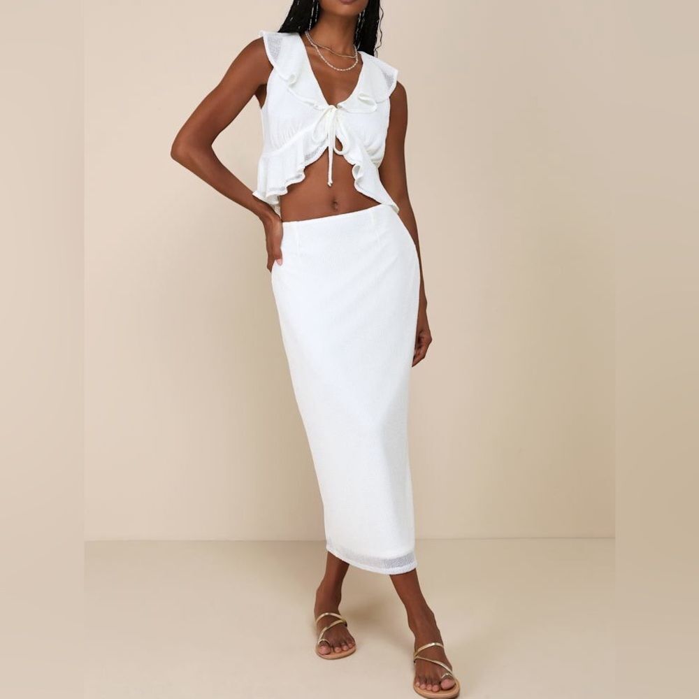 Lulus Enviable Effect Ivory Mesh Ruffled Two Piece Beachy Set Outfit Midi Size S